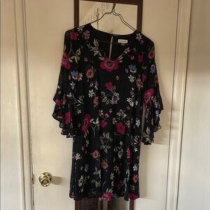 Floral Black Dress with Ruffle Sleeves